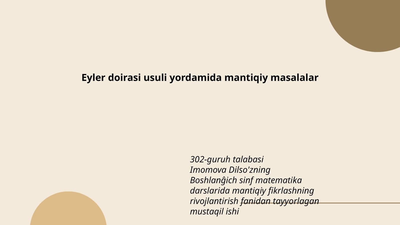 Eyler doirasi usuli yordamida mantiqiy masalalar