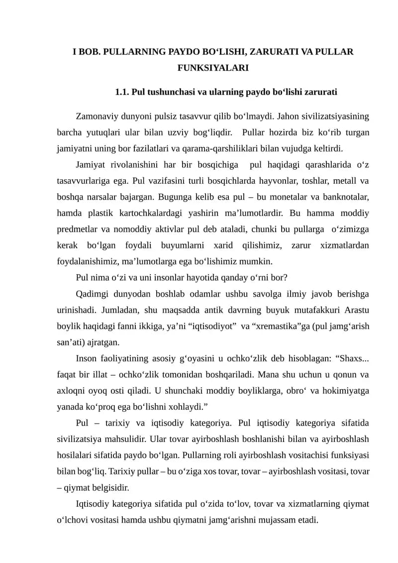 PULLARNING PAYDO BO‘LISHI, ZARURATI VA PULLAR FUNKSIYALARI