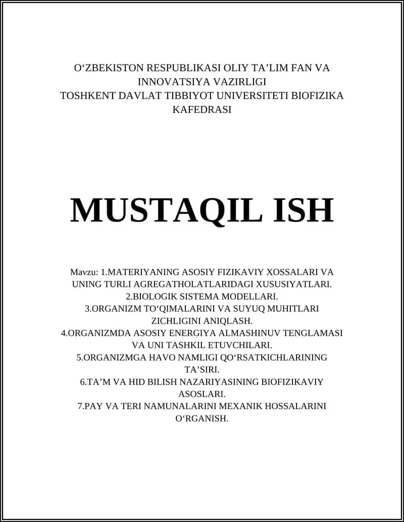 MATERIYANING ASOSIY FIZIKAVIY XOSSALARI VA UNING TURLI AGREGATHOLATLARIDAGI XUSUSIYATLARI