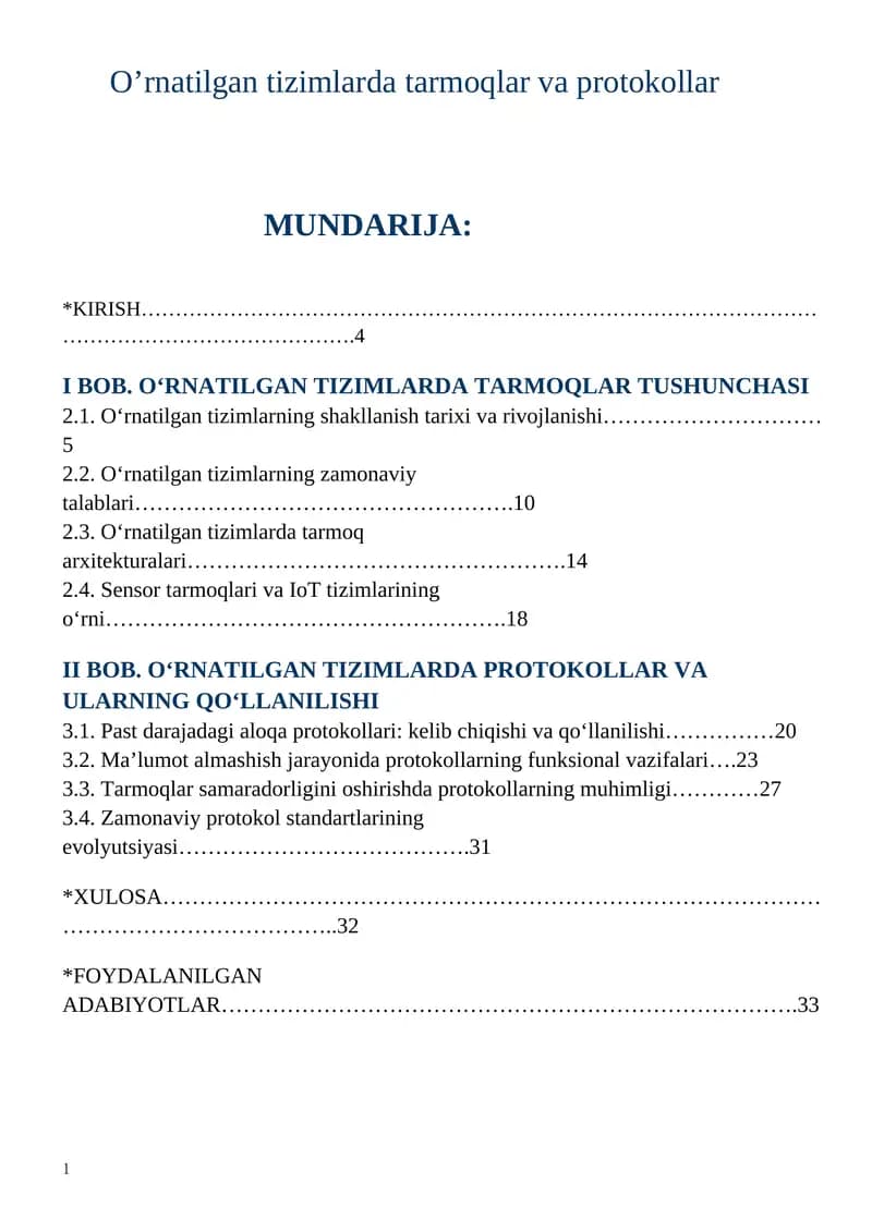 O‘rnatilgan tizimlarda tarmoqlar va protokollar