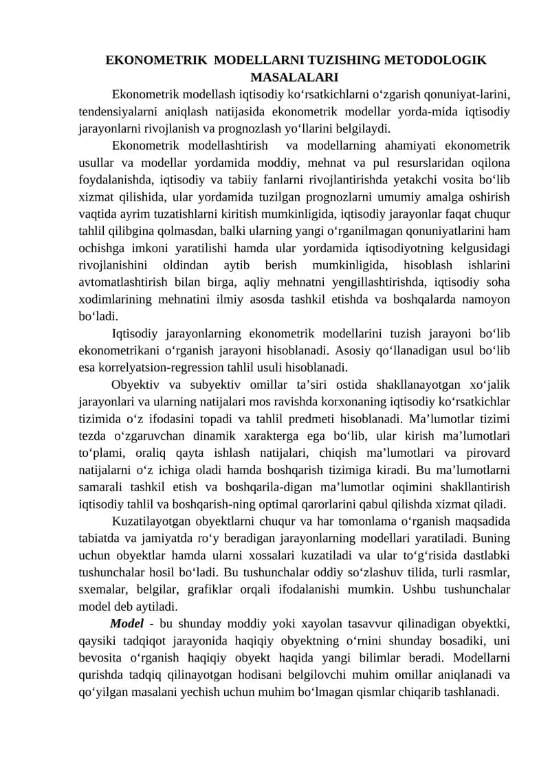 EKONOMETRIK MODELLARNI TUZISHING METODOLOGIK MASALALARI