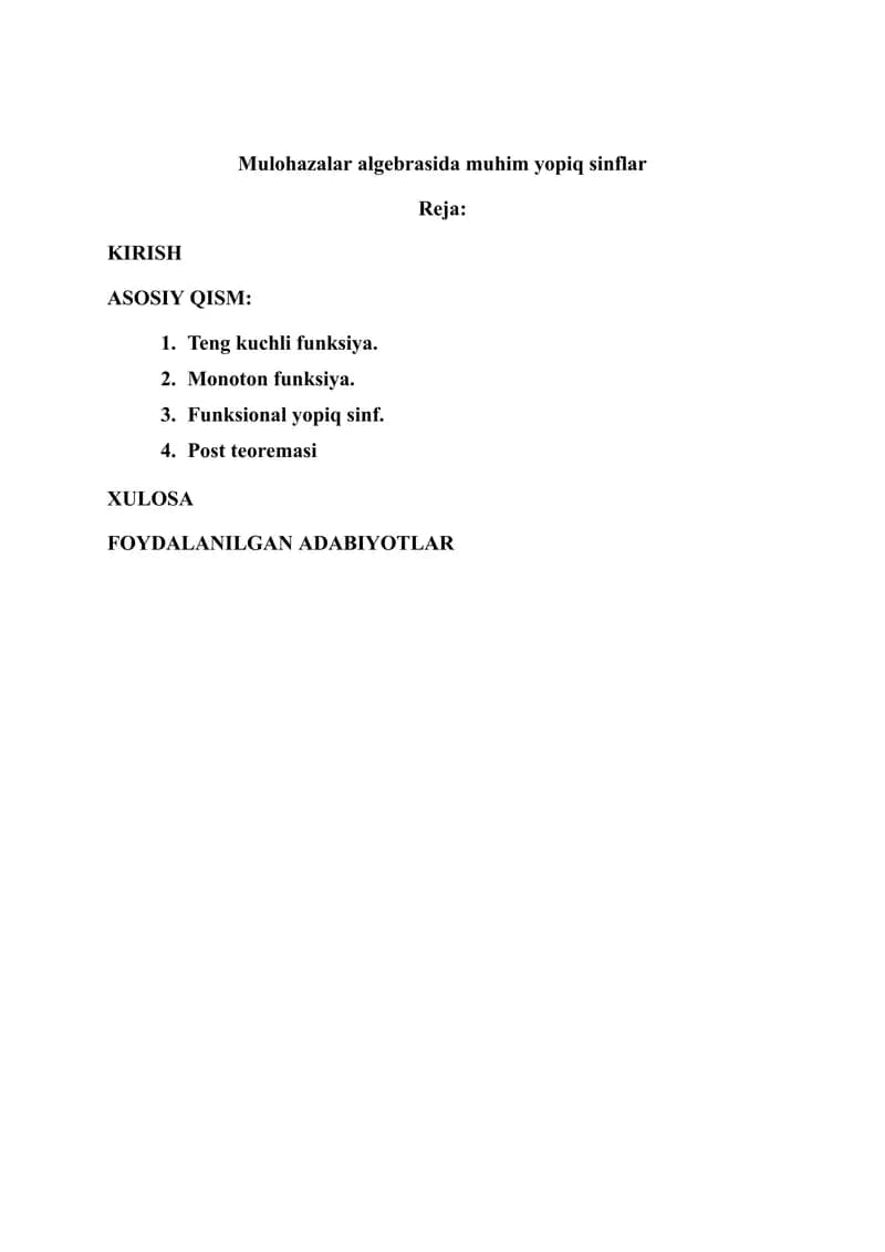Mulohazalar algebrasida muhim yopiq sinflar