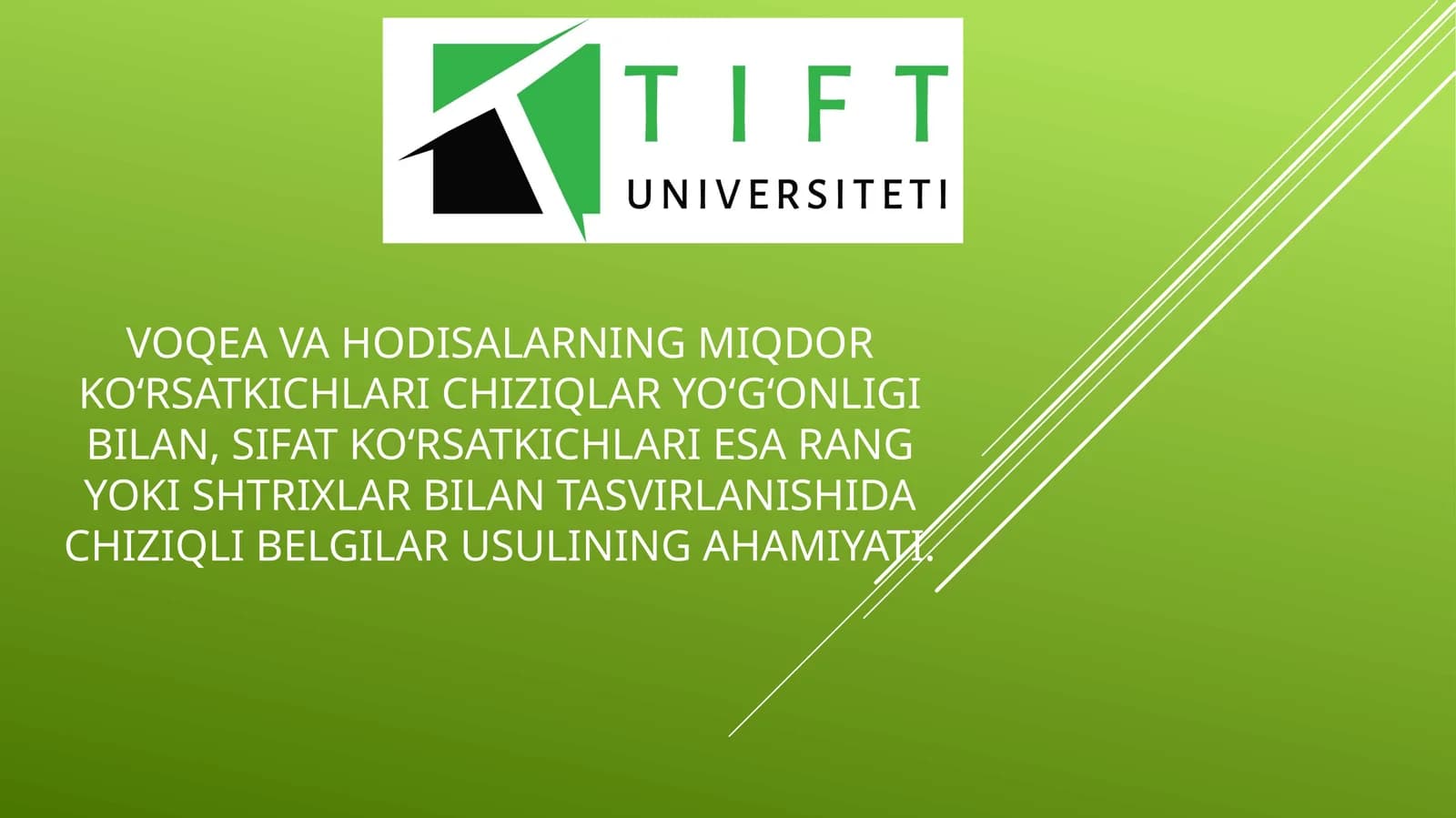 VOqea va hodisalarning miqdor ko‘rsatkichlari chiziqlar yo‘g‘onligi bilan, sifat ko‘rsatkichlari esa rang yoki shtrixlar bilan tasvirlanishida chiziqli belgilar usulining ahamiyati