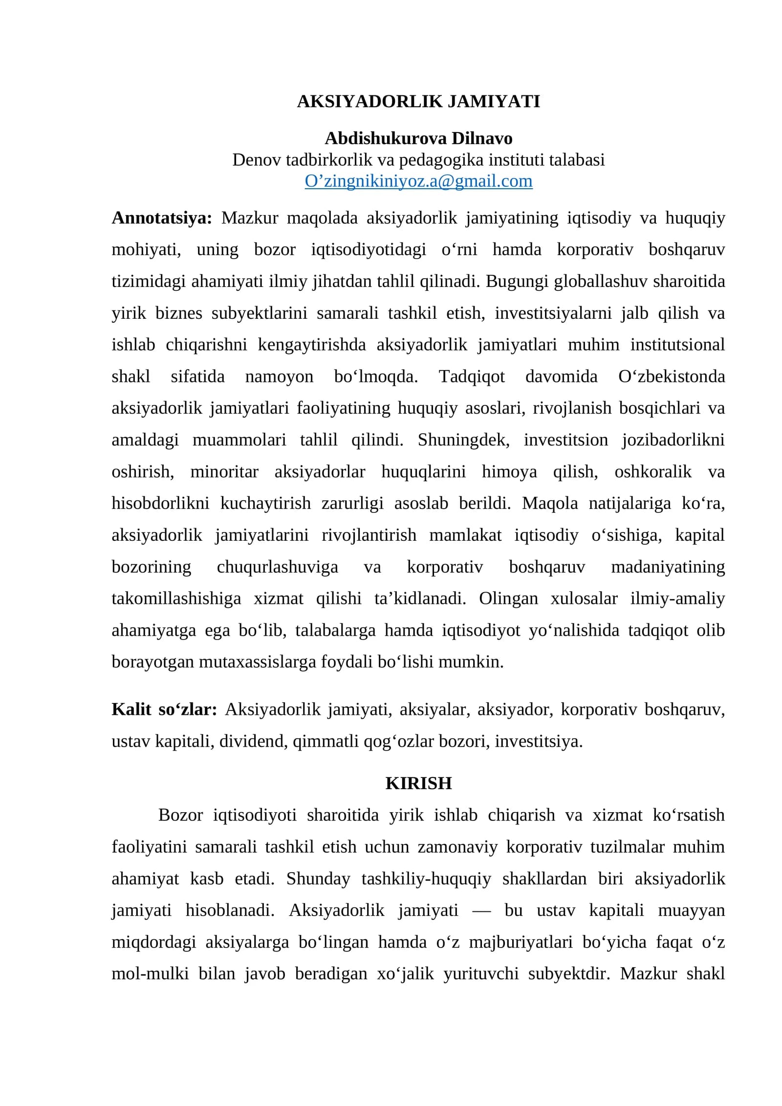 Aksiyadorlik jamiyatining iqtisodiy va huquqiy mohiyati