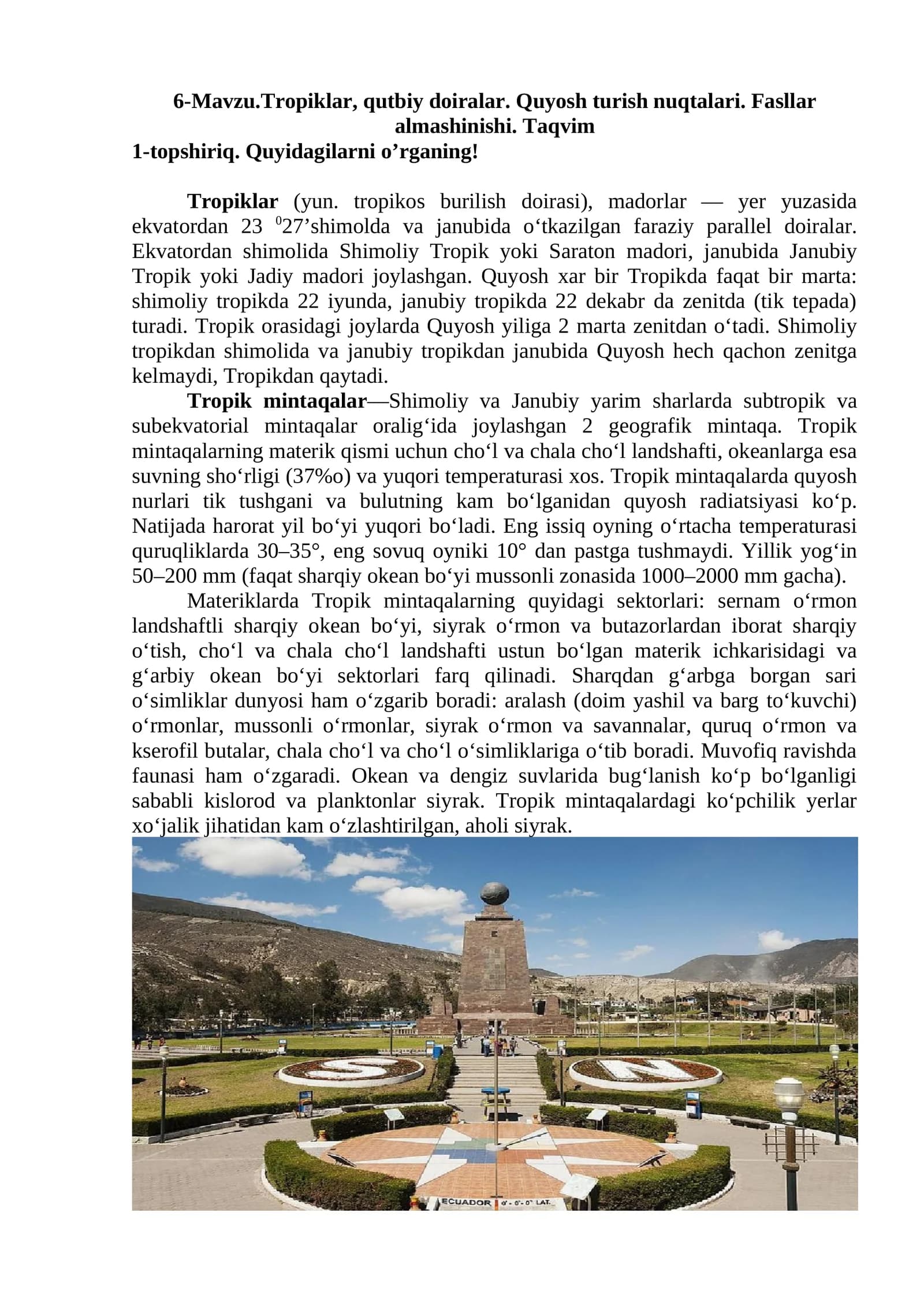 Tropiklar, qutbiy doiralar. Quyosh turish nuqtalari. Fasllar almashinishi