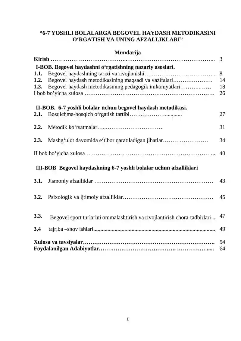 6-7 YOSHLI BOLALARGA BEGOVEL HAYDASH METODIKASINI O‘RGATISH VA UNING AFZALLIKLARI