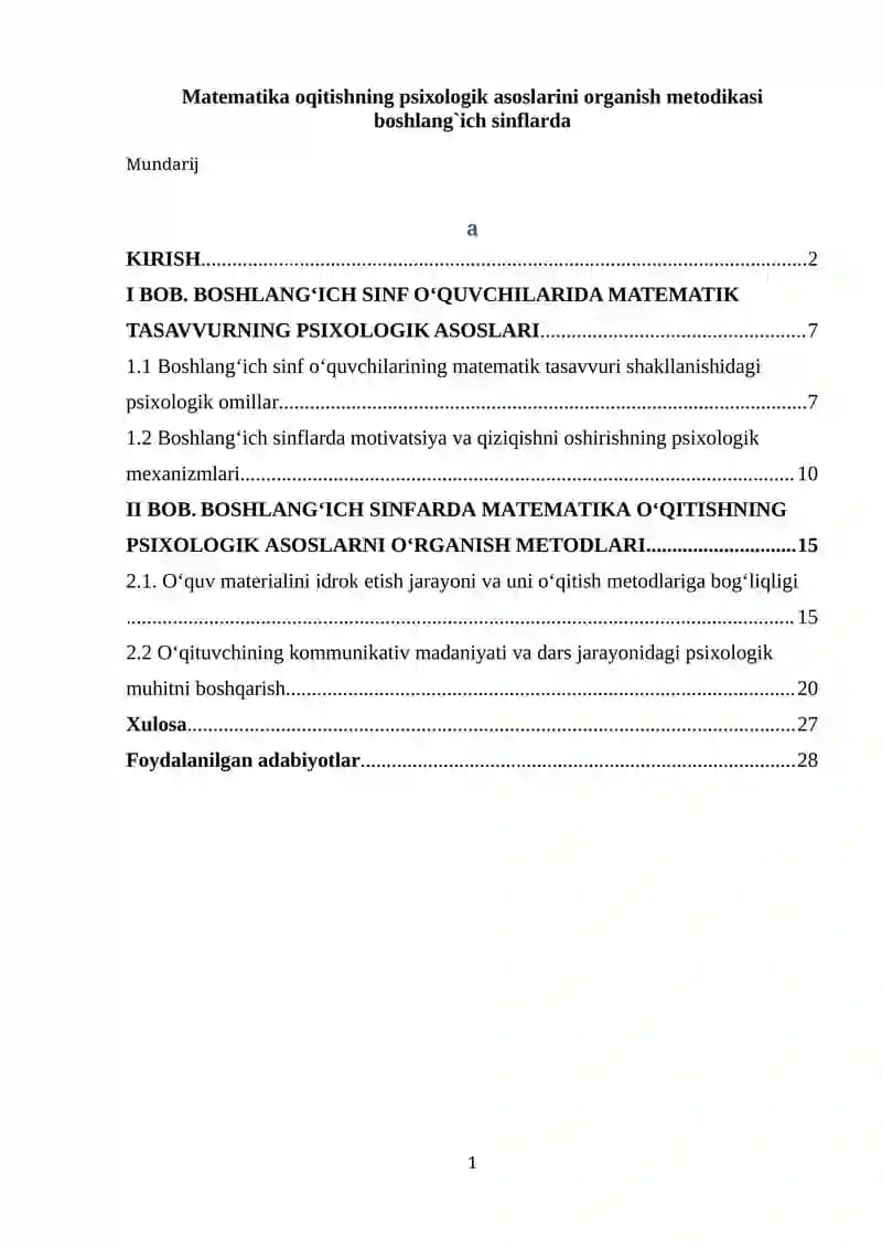 Matеmatika oqitishning psiхоlоgik asоslarini organish mеtоdikasi bоshlang`ich sinflarda