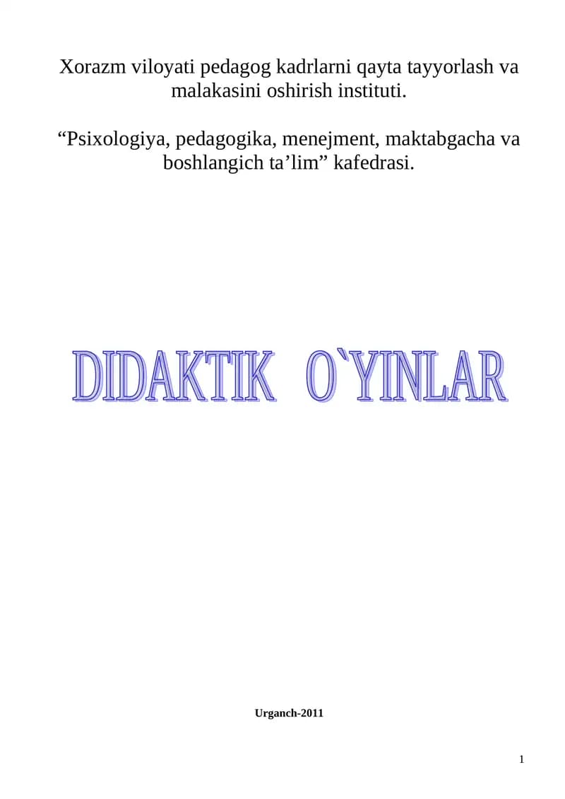 Matematika Darslari Uchun Didaktik O'yinlar Metodik Qo'llanma