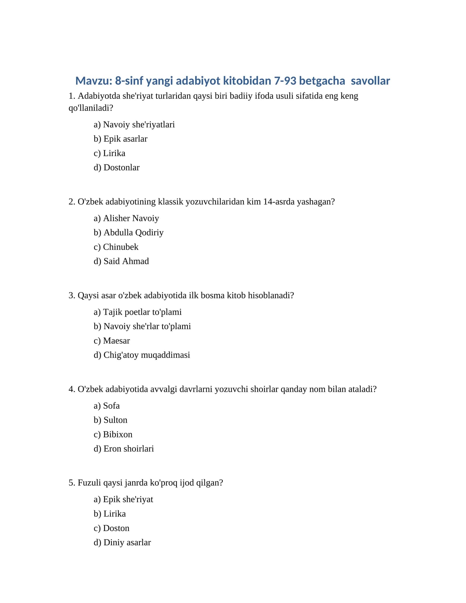 8-sinf yangi adabiyot kitobidan 7-93 betgacha savollar