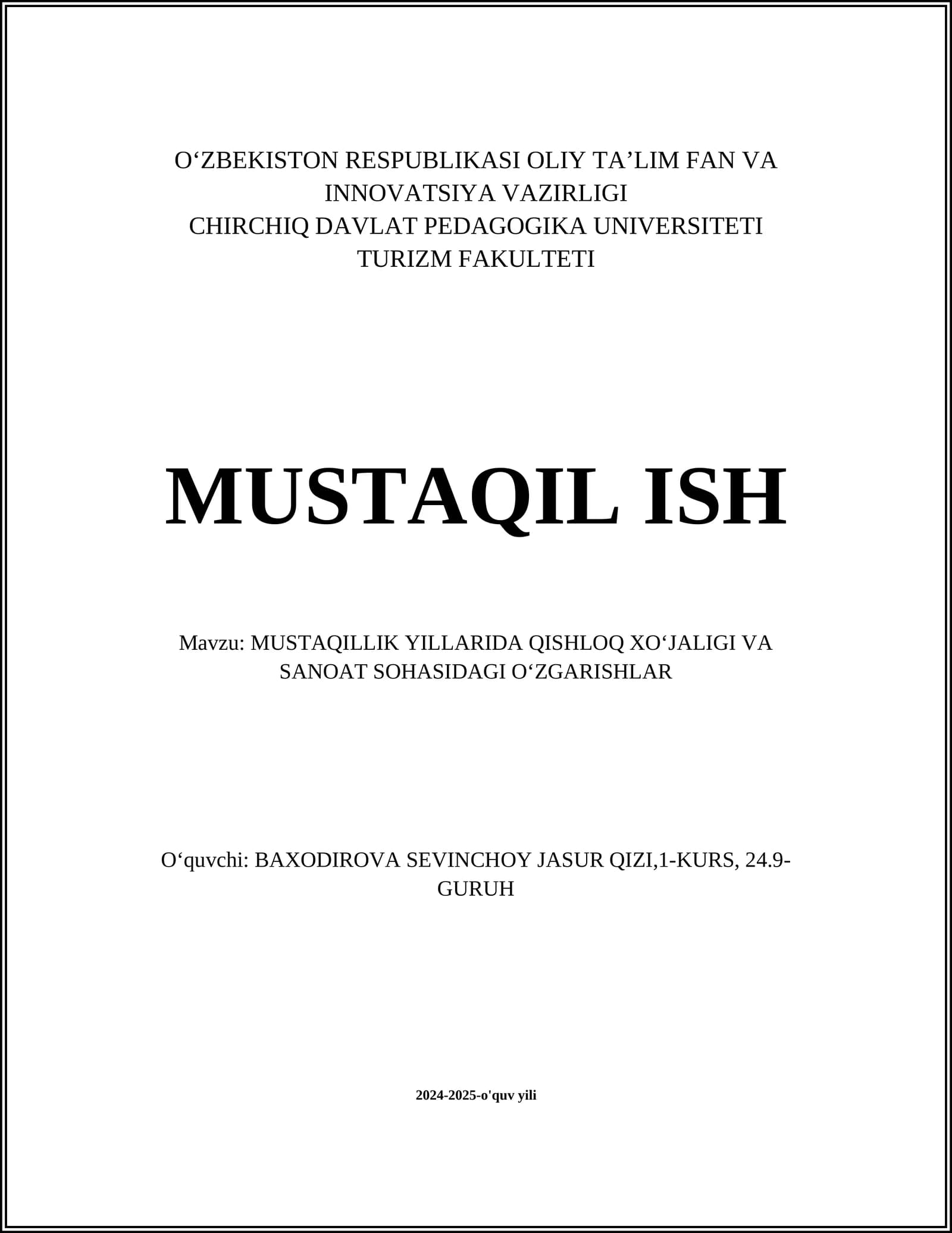 MUSTAQILLIK YILLARIDA QISHLOQ XOʻJALIGI VA SANOAT SOHASIDAGI OʻZGARISHLAR
