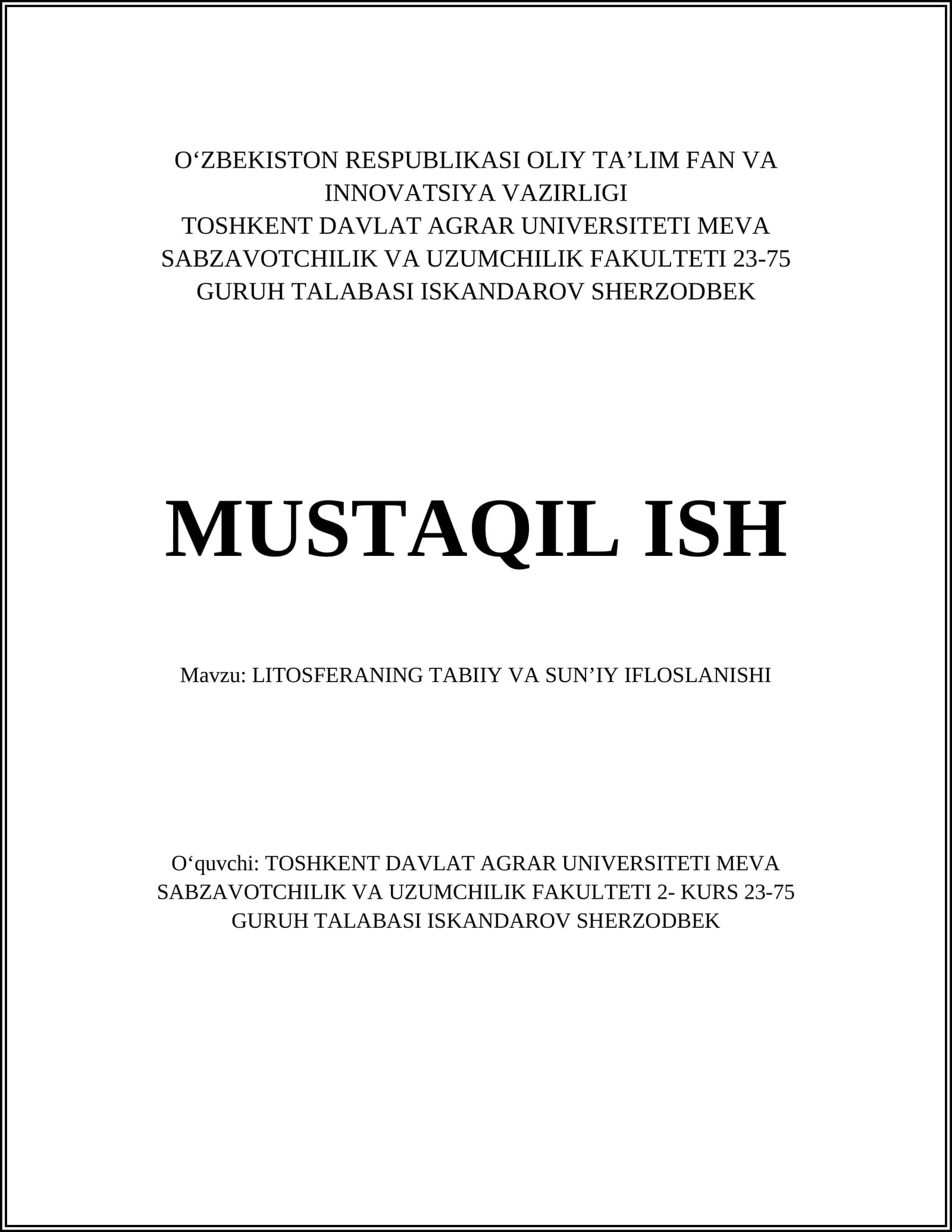 LITOSFERANING TABIIY VA SUNʼIY IFLOSLANISHI