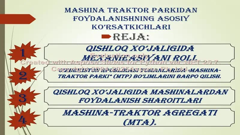 MASHINA-TRAKTOR PARKIDAN FOYDALANISHNING ASOSIY KO’RSATKICHLARI