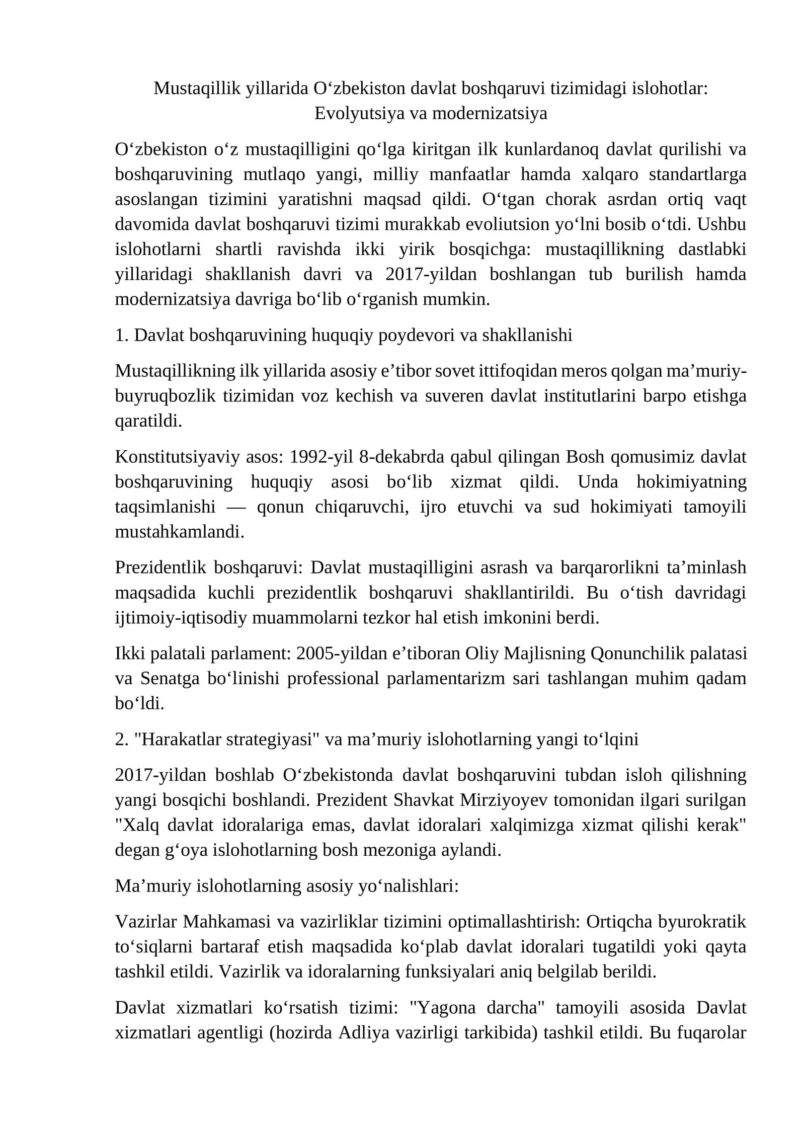 esse Mustaqillik yillarida O‘zbekiston davlat boshqaruvi tizimidagi islohotlar.