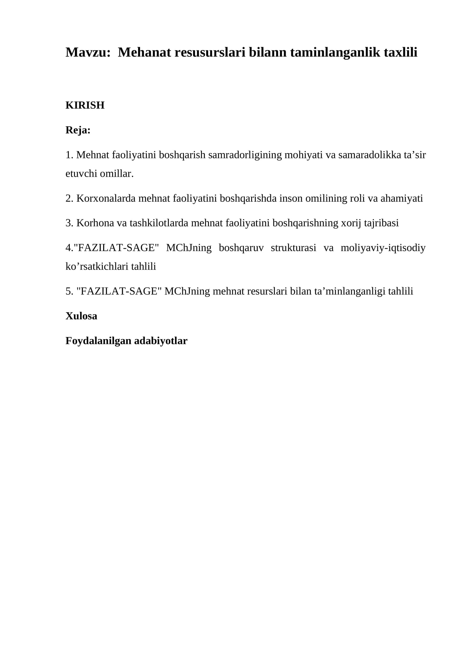 Mehanat resusurslari bilann taminlanganlik taxlili