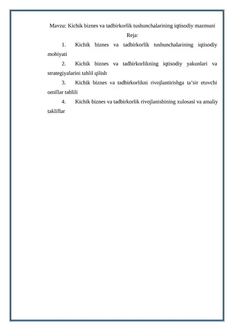 Kichik biznes va tadbirkorlik tushunchalarining iqtisodiy mazmuni