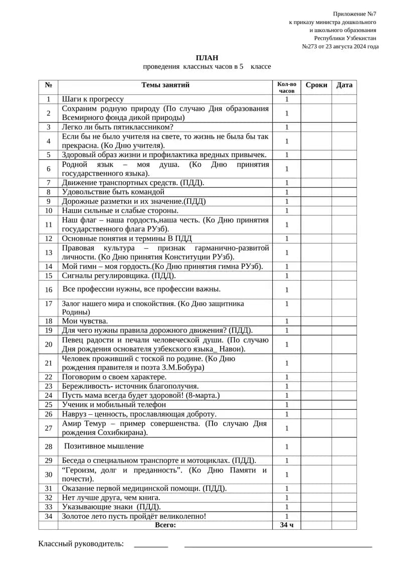 ПЛАН проведения классных часов в 5 классе
