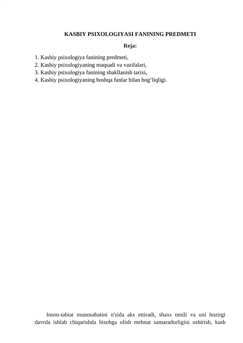 Kasbiy psixologiyasi fanining predmeti