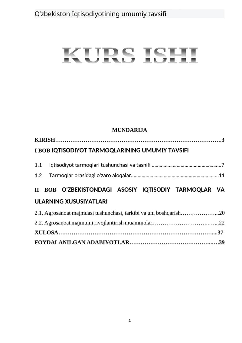 O’zbekiston Iqtisodiyotining umumiy tavsifi