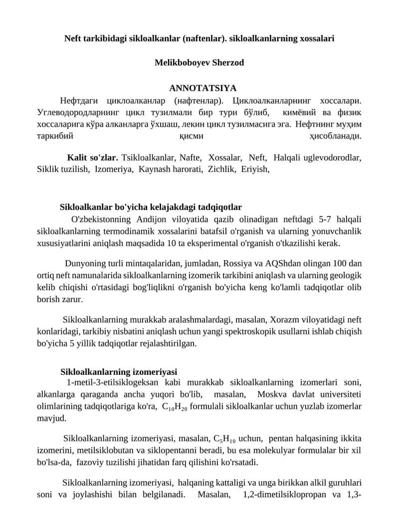 Neft tarkibidagi sikloalkanlar