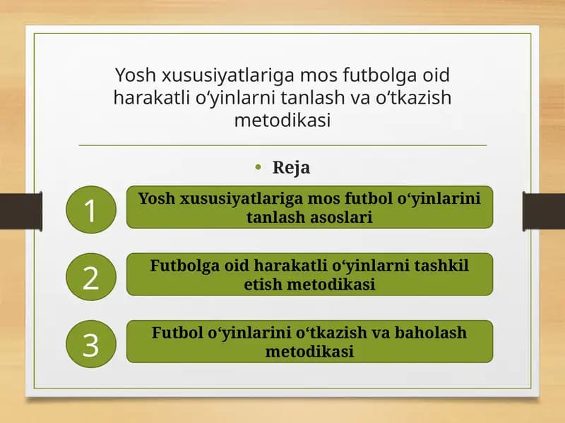 Yosh xususiyatlariga mos futbolga oid harakatli o‘yinlarni tanlash va o‘tkazish metodikasijis