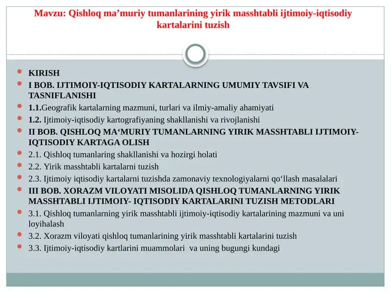 Qishloqma’muriytumanlariningyirikmasshtabliijtimoiy-iqtisodiykartalarinituzish
