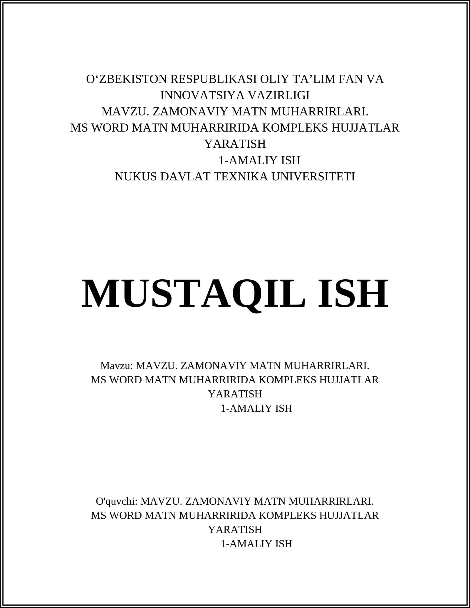 MS Word interfeysi va asboblar paneli