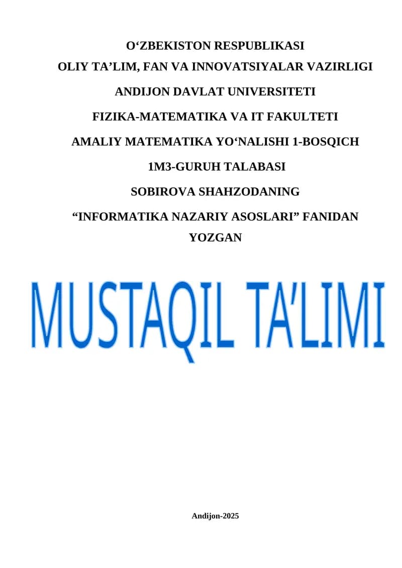 Axborot tushunchasi. Axborot miqdori. Axborotning mazmuni va foydaliligi. Diskret xabarlarni shovqinsiz va shovqinsiz kanal orqali uzatish