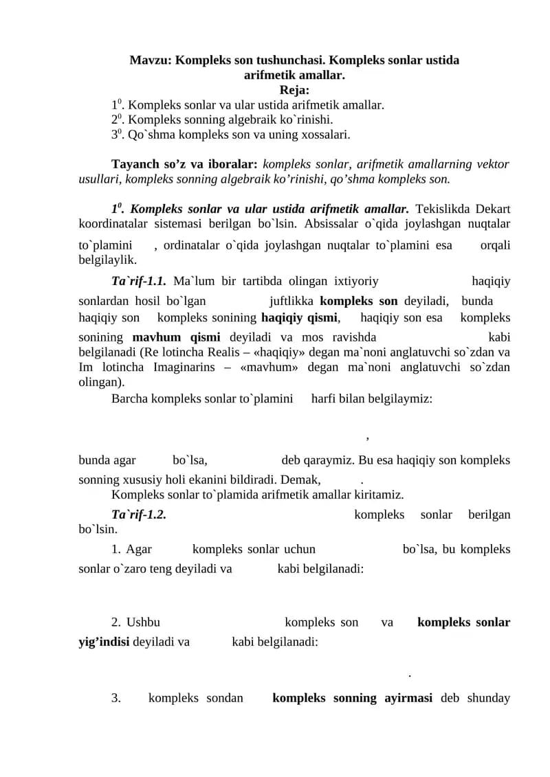 Kompleks sonlar va ular ustida arifmetik amallar