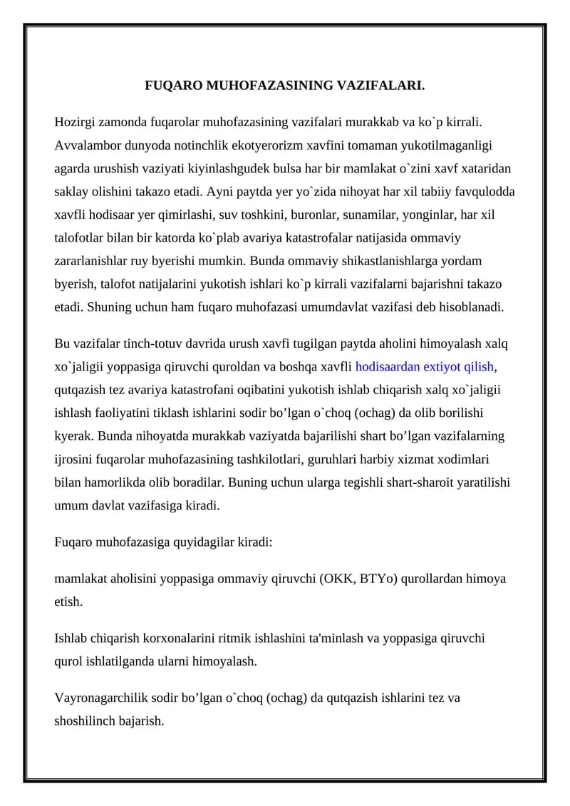 Fuqaro muhofazasining vazifalari.