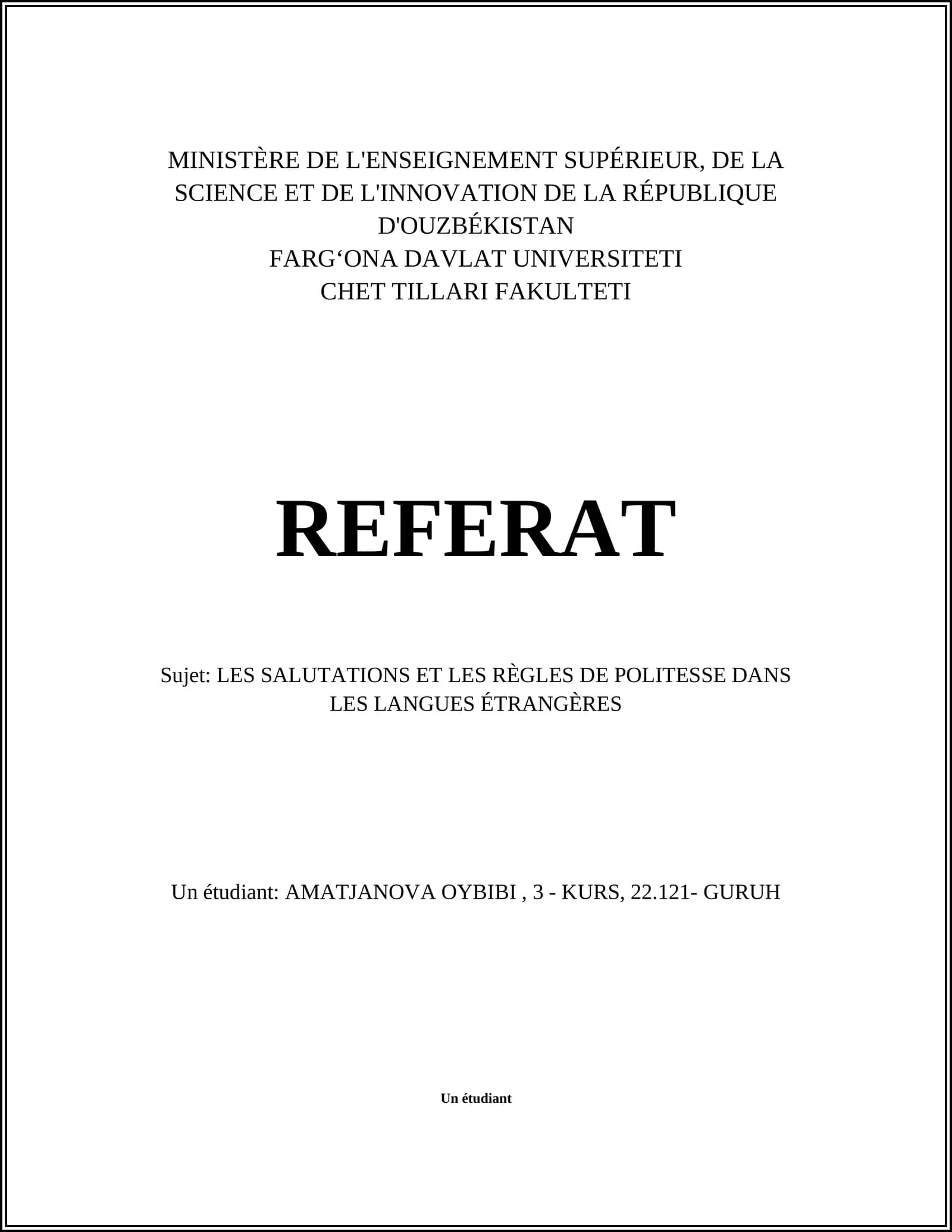 REFERAT - LES SALUTATIONS ET LES RÈGLES DE POLITESSE DANS LES LANGUES ÉTRANGÈRES