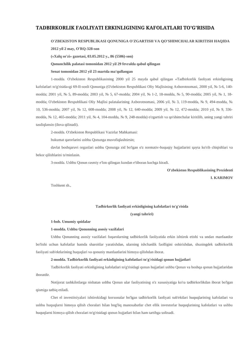 Tadbirkorlik faoliyati erkinligining kafolatlari to'g'risida