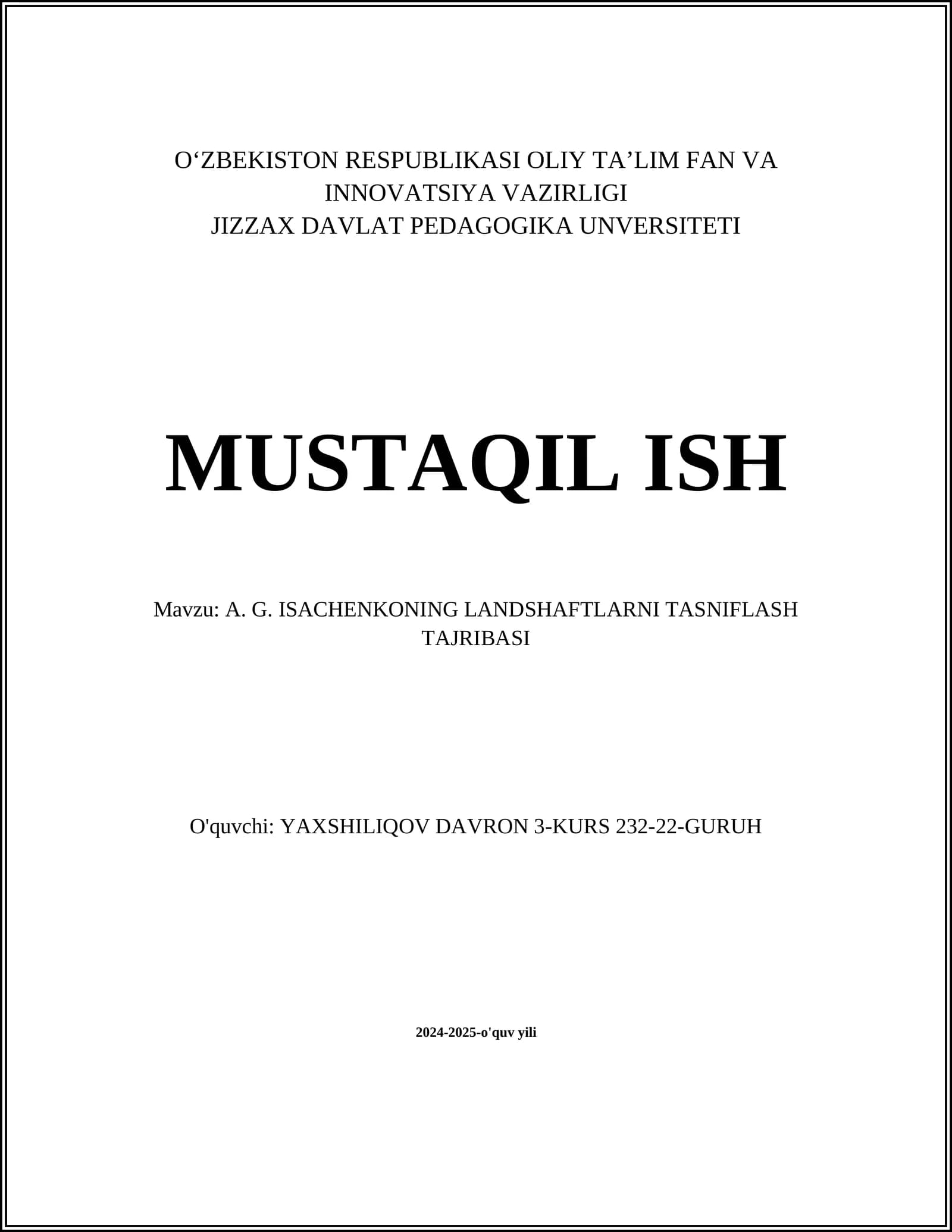A. G. ISACHENKONING LANDSHAFTLARNI TASNIFLASH TAJRIBASI