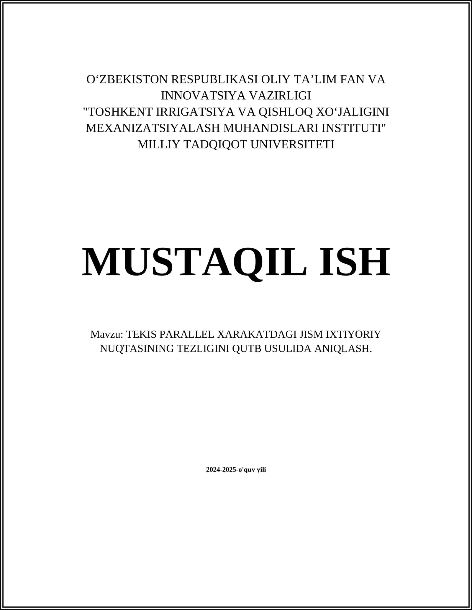 TEKIS PARALLEL XARAKATDAGI JISM IXTIYORIY NUQTASINING TEZLIGINI QUTB USULIDA ANIQLASH