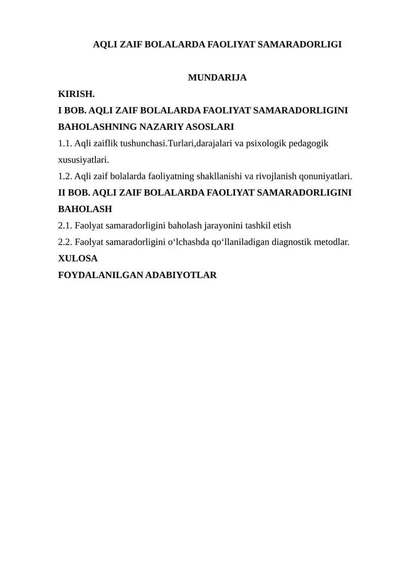 Aqli zaif bolalarda faoliyat samaradorligi
