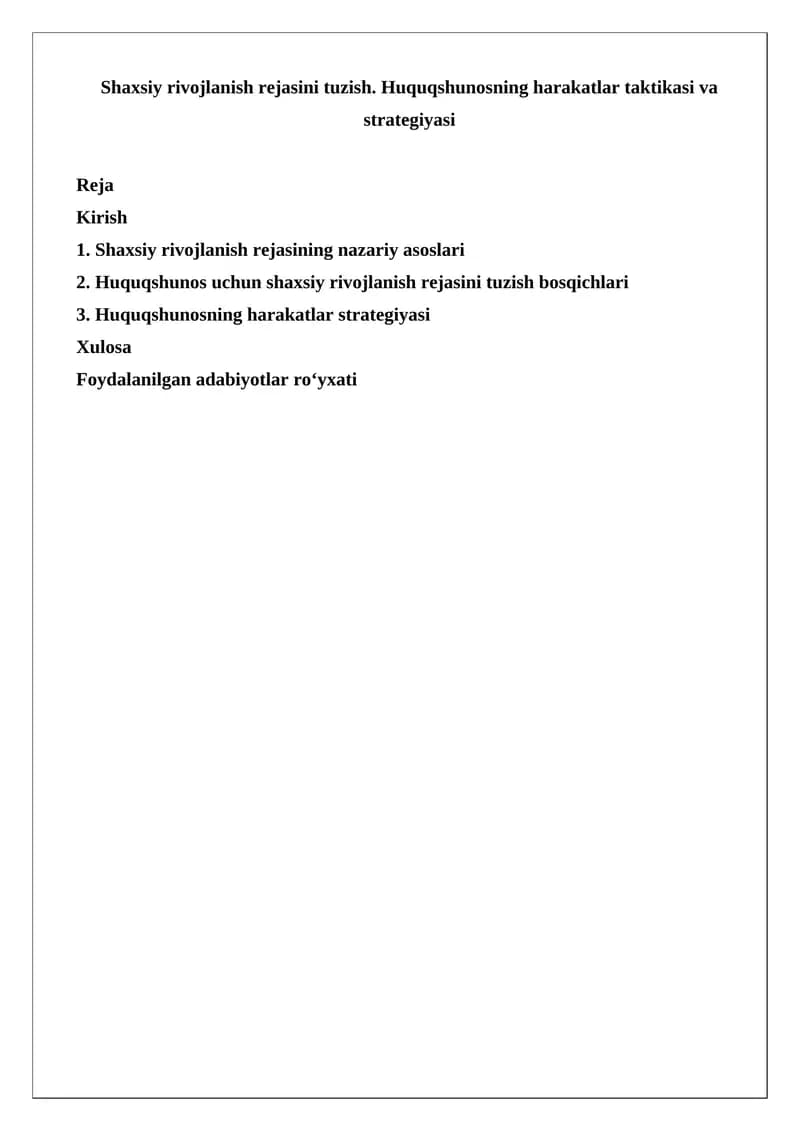 Huquqshunoslikda rivojlanish rejasini tuzish