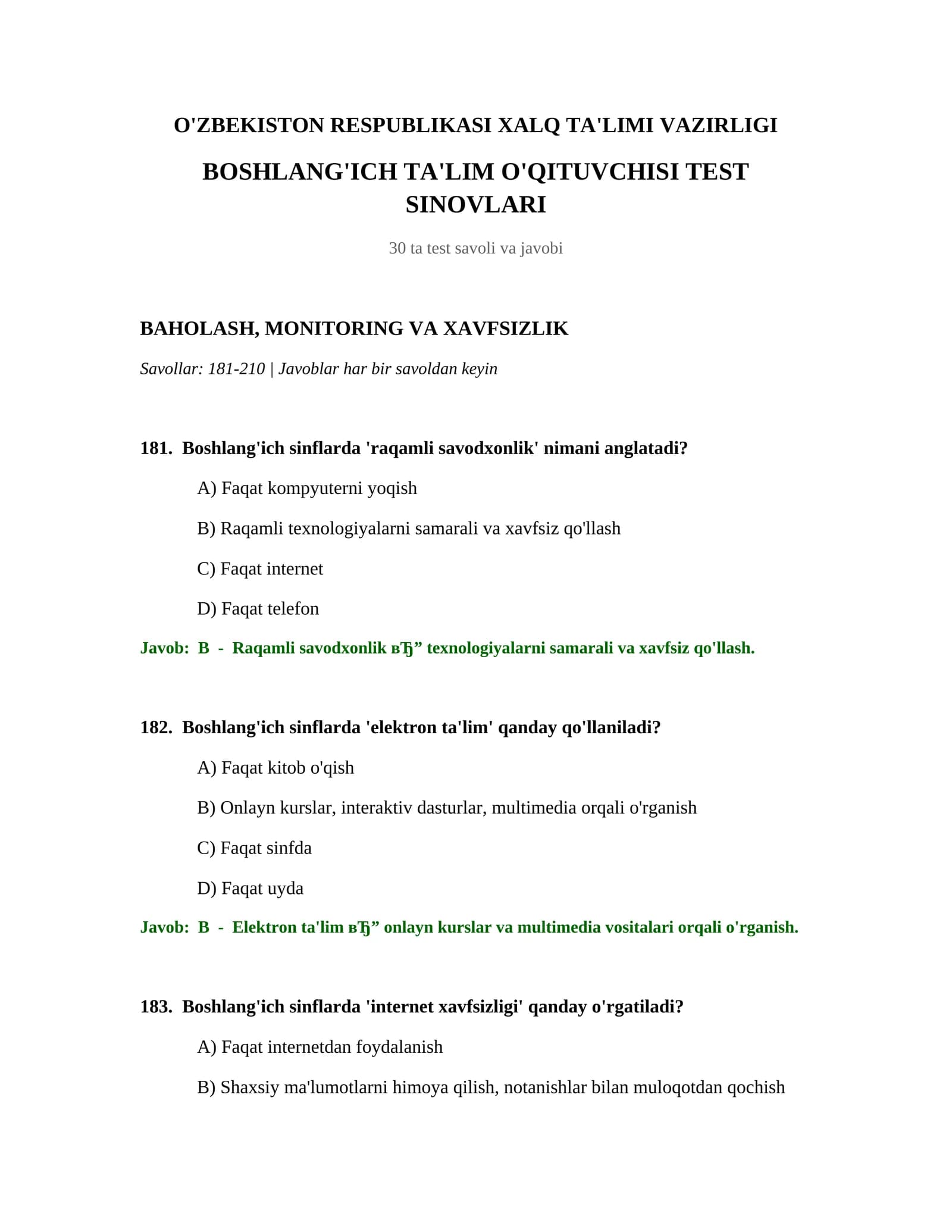 Boslang'ich ta'lim o'qituvchisi test sinovlari