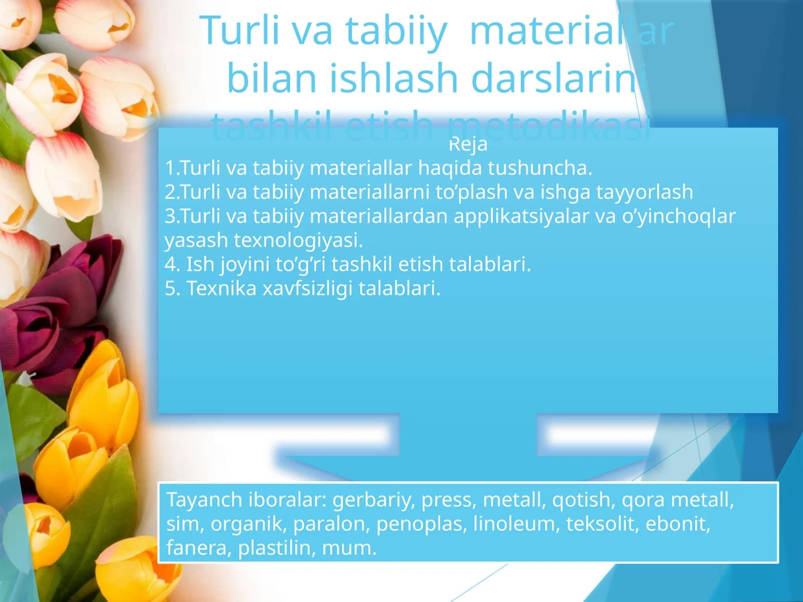 Turli va tabiiy materiallar bilan ishlash darslarini tashkil etish metodikasi