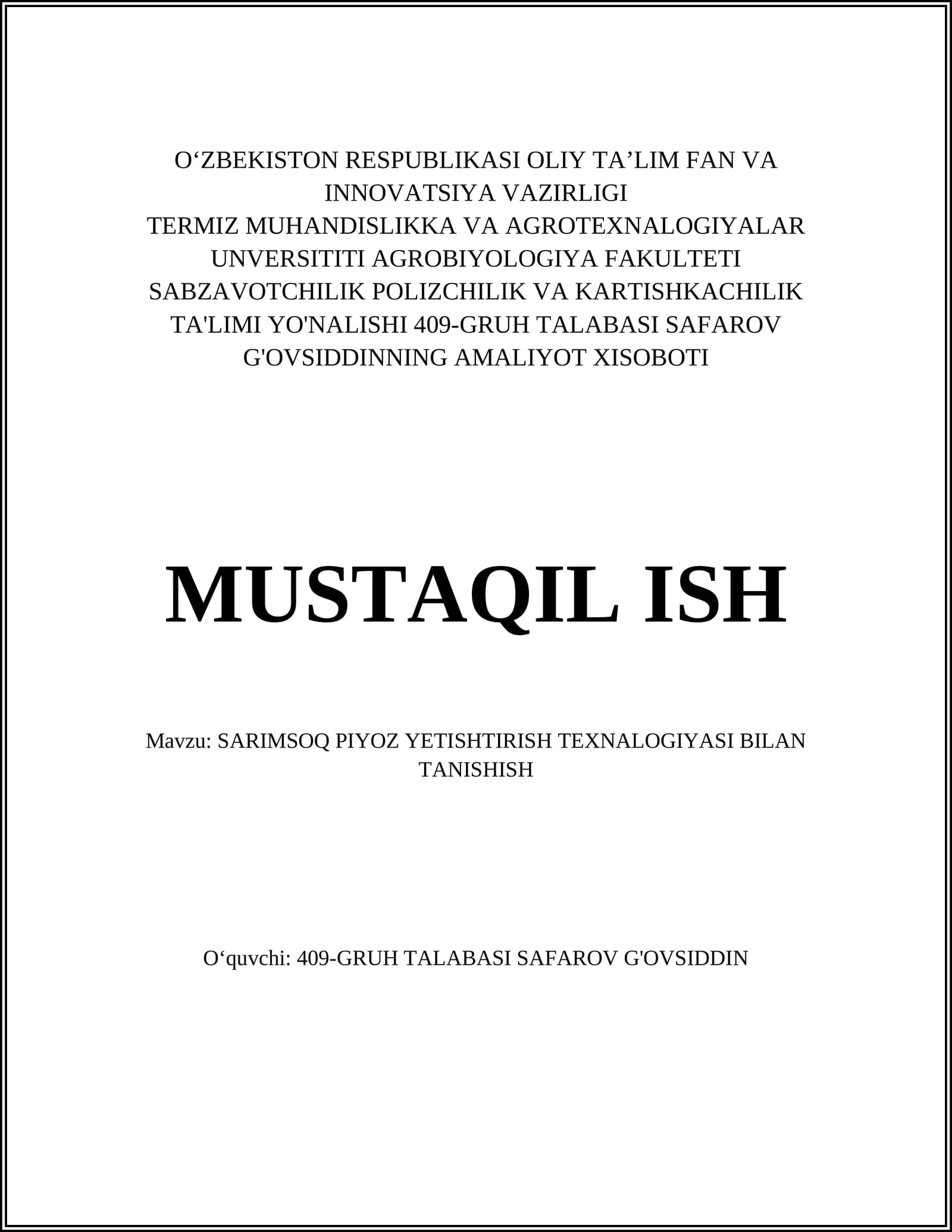 SARIMSOQ PIYOZ YETISHTIRISH TEXNALOGIYASI BILAN TANISHISH