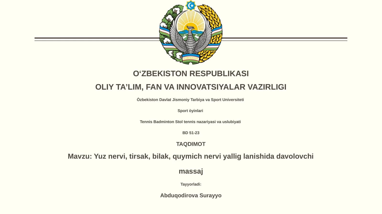Yuz nervi, tirsak, bilak, quymich nervi yallig lanishida davolovchi massaj