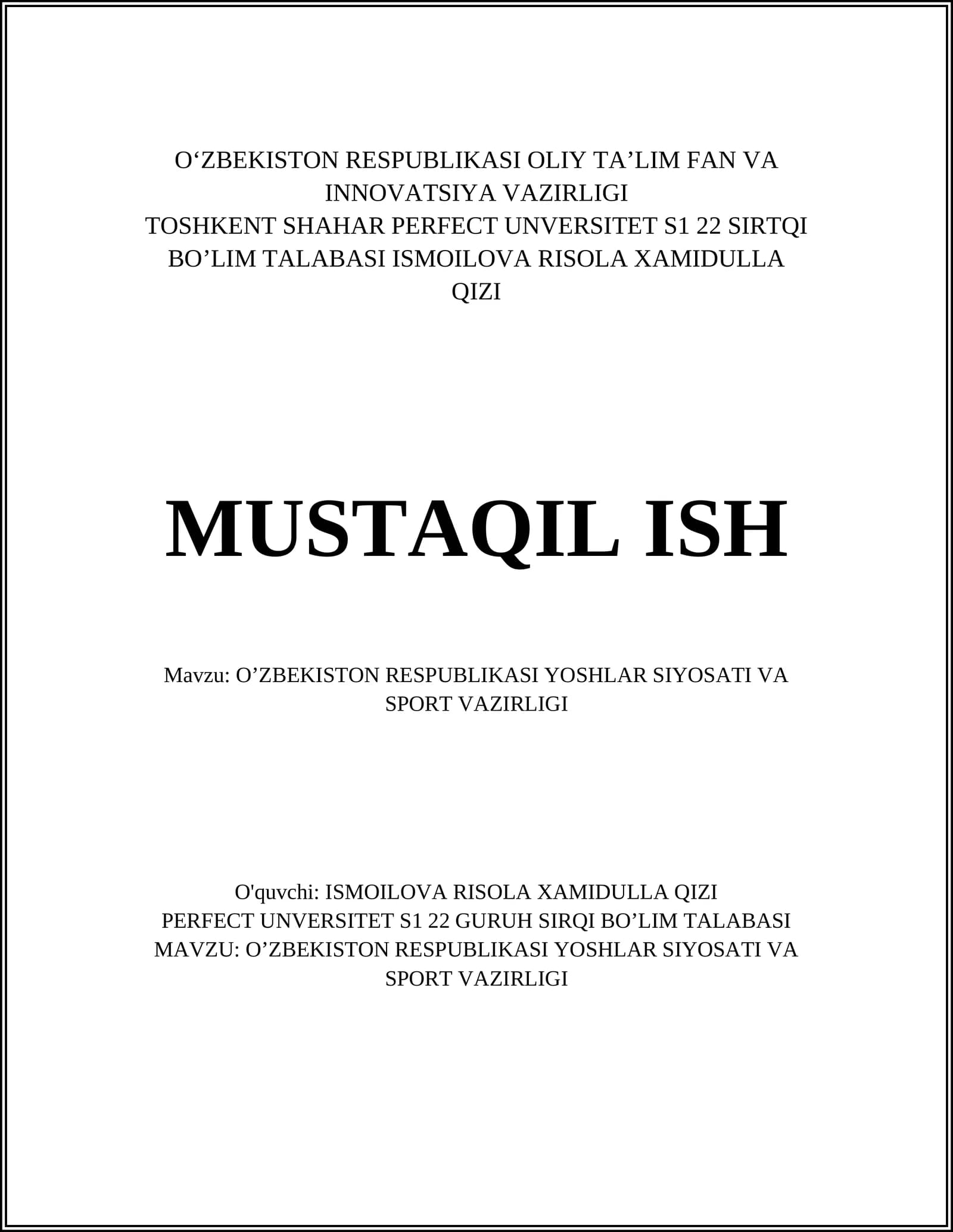 O'ZBEKISTON RESPUBLIKASI YOSHLAR SIYOSATI VA SPORT VAZIRLIGI