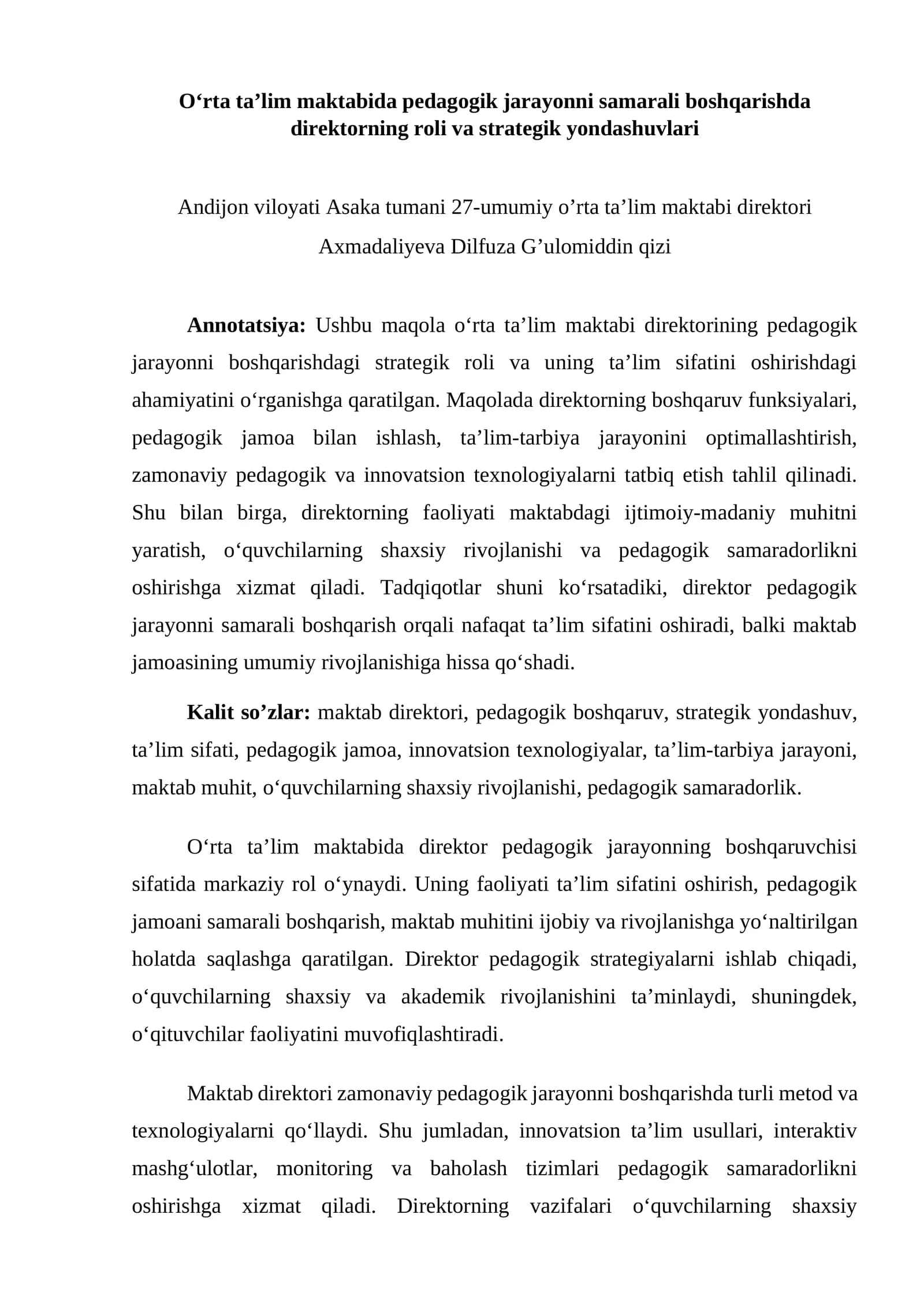 O‘rta ta’lim maktabida pedagogik jarayonni samarali boshqarishda direktorning roli va strategik yondashuvlari