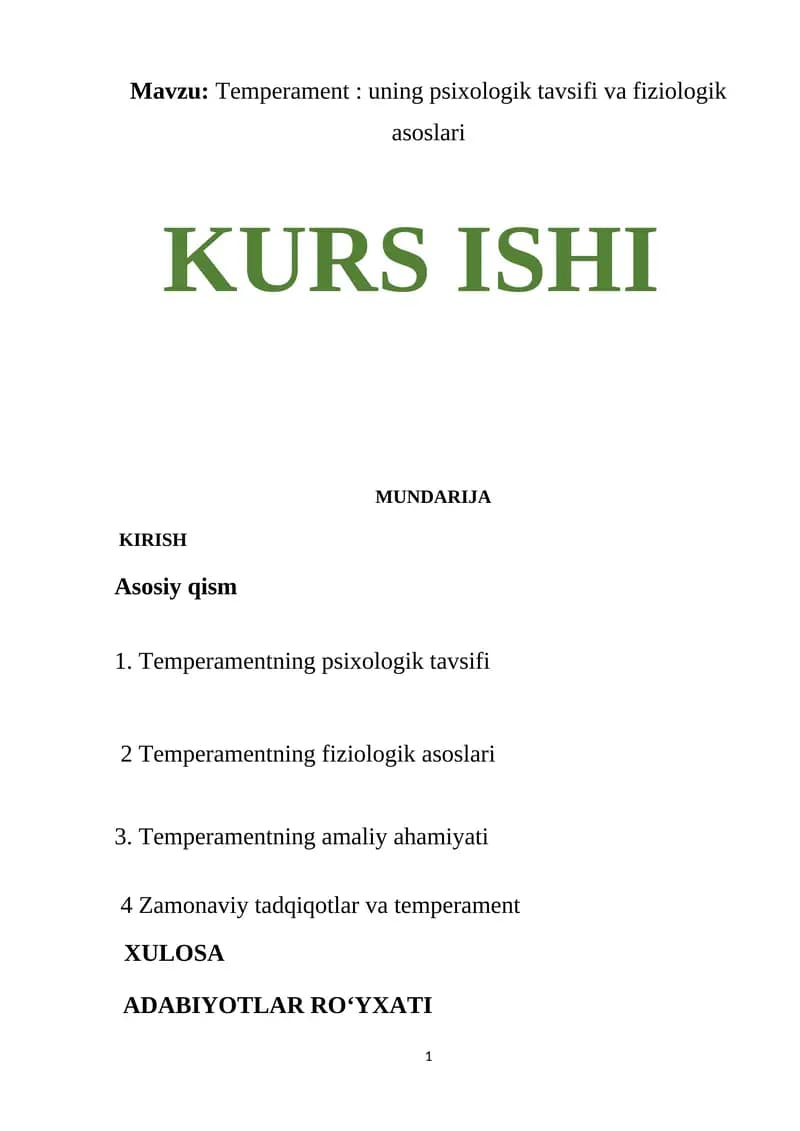 Temperament: uning psixologik tavsifi va fiziologik asoslari