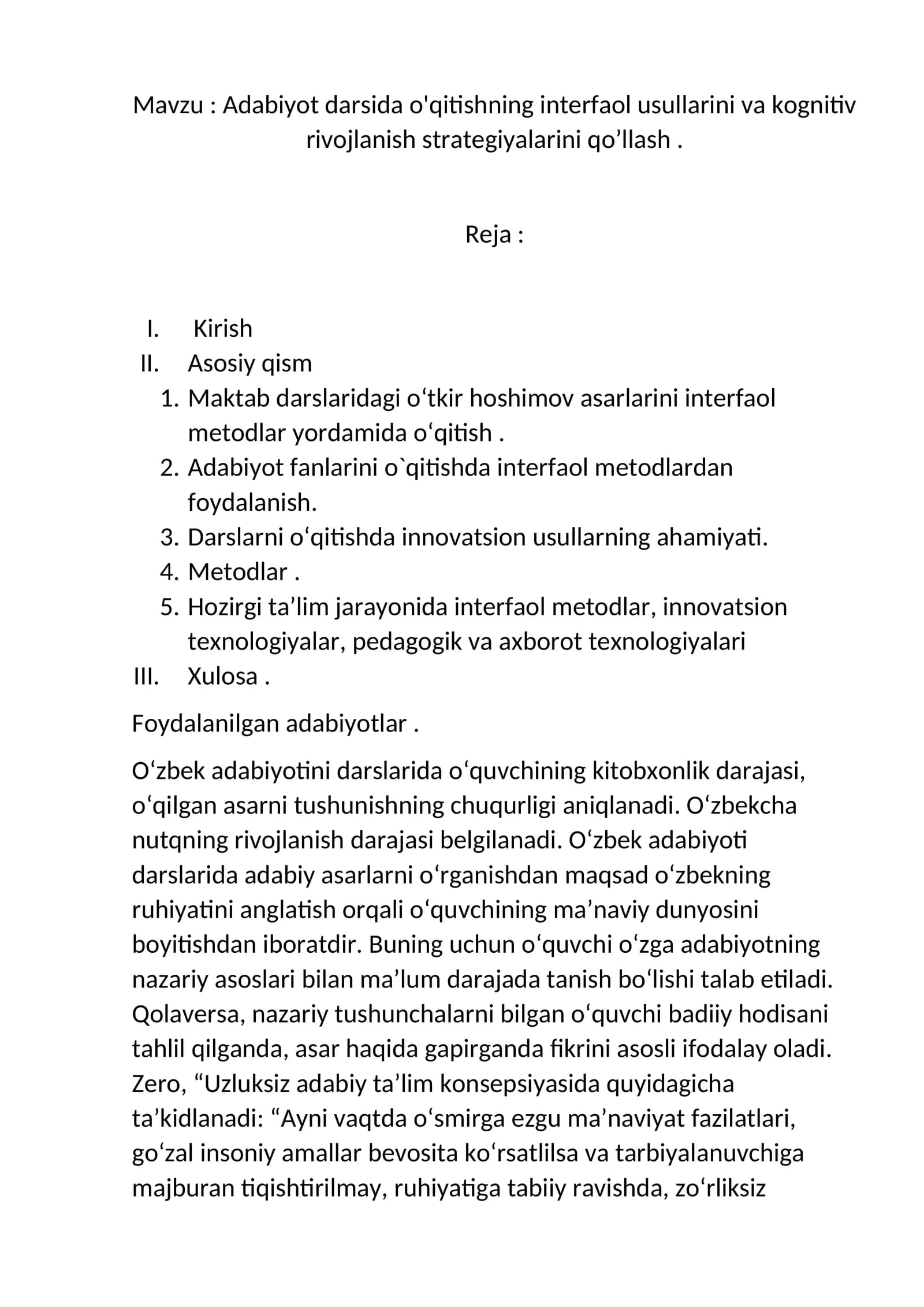 Adabiyot Darsida O'qitish Interfaol Usullari
