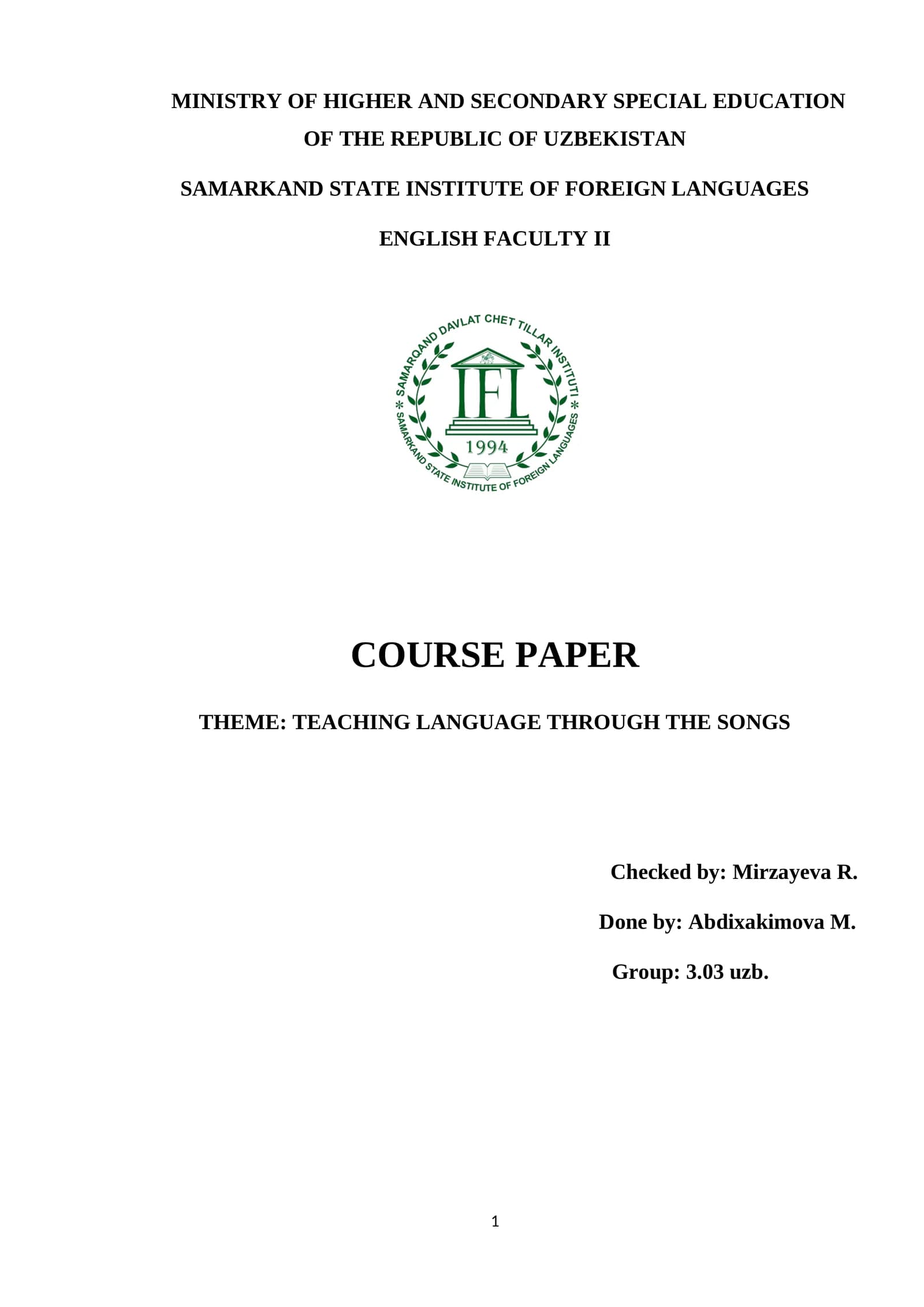 COURSE PAPER ON TEACHING LANGUAGE THROUGH THE SONGS