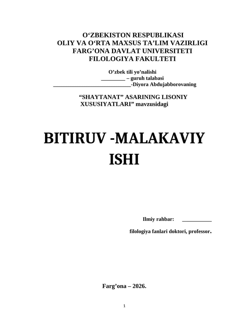 "SHAYTANAT" ASARINING LISONIY XUSUSIYATLARI