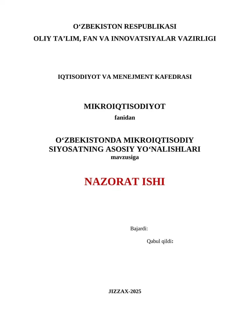 O‘ZBEKISTONDA MIKROIQTISODIY SIYOSATNING ASOSIY YO‘NALISHLARI
