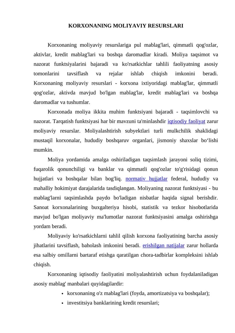 Korxonaning Moliyaviy Resurslari