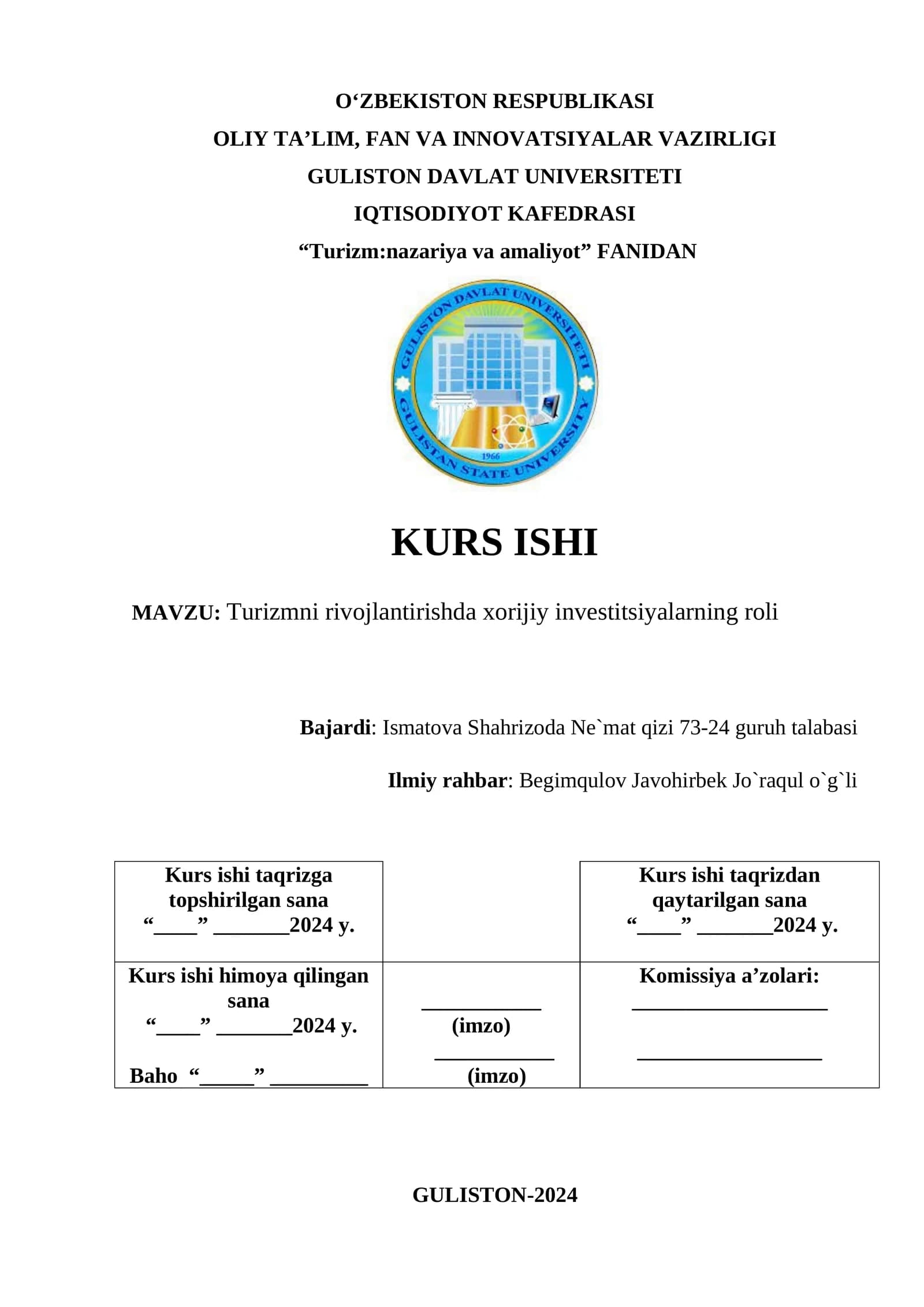 Turizmni rivojlantirishda xorijiy investitsiyalarning roli