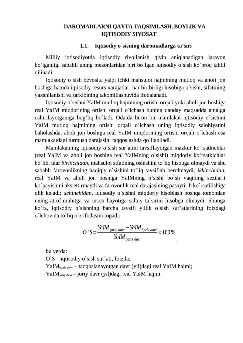 DAROMADLARNI QAYTA TAQSIMLASH, BOYLIK VA IQTISODIY SIYOSAT