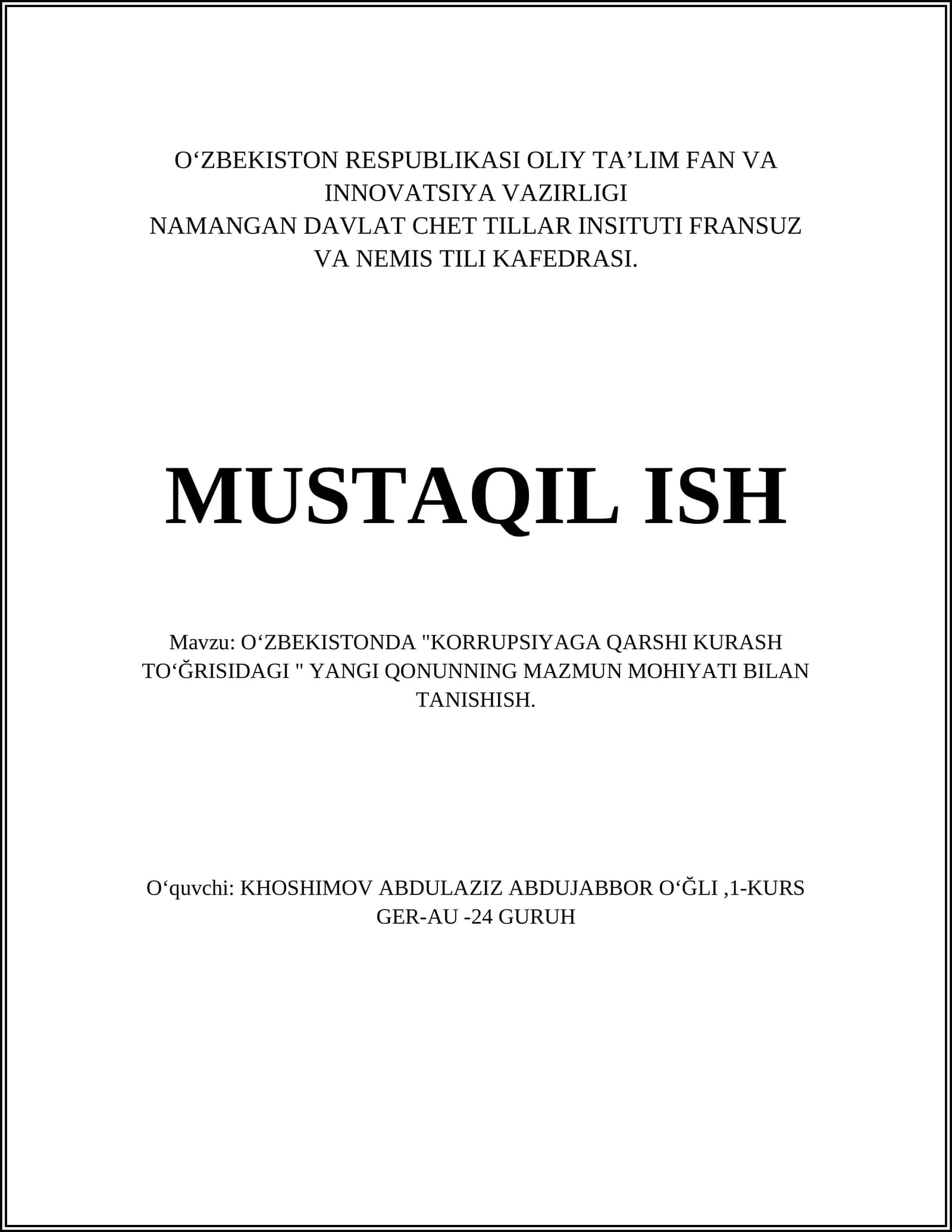 O‘zbekistonda "Korrupsiyaga qarshi kurash toʻğrisidagi " yangi qonunning mazmun mohiyati bilan tanishish